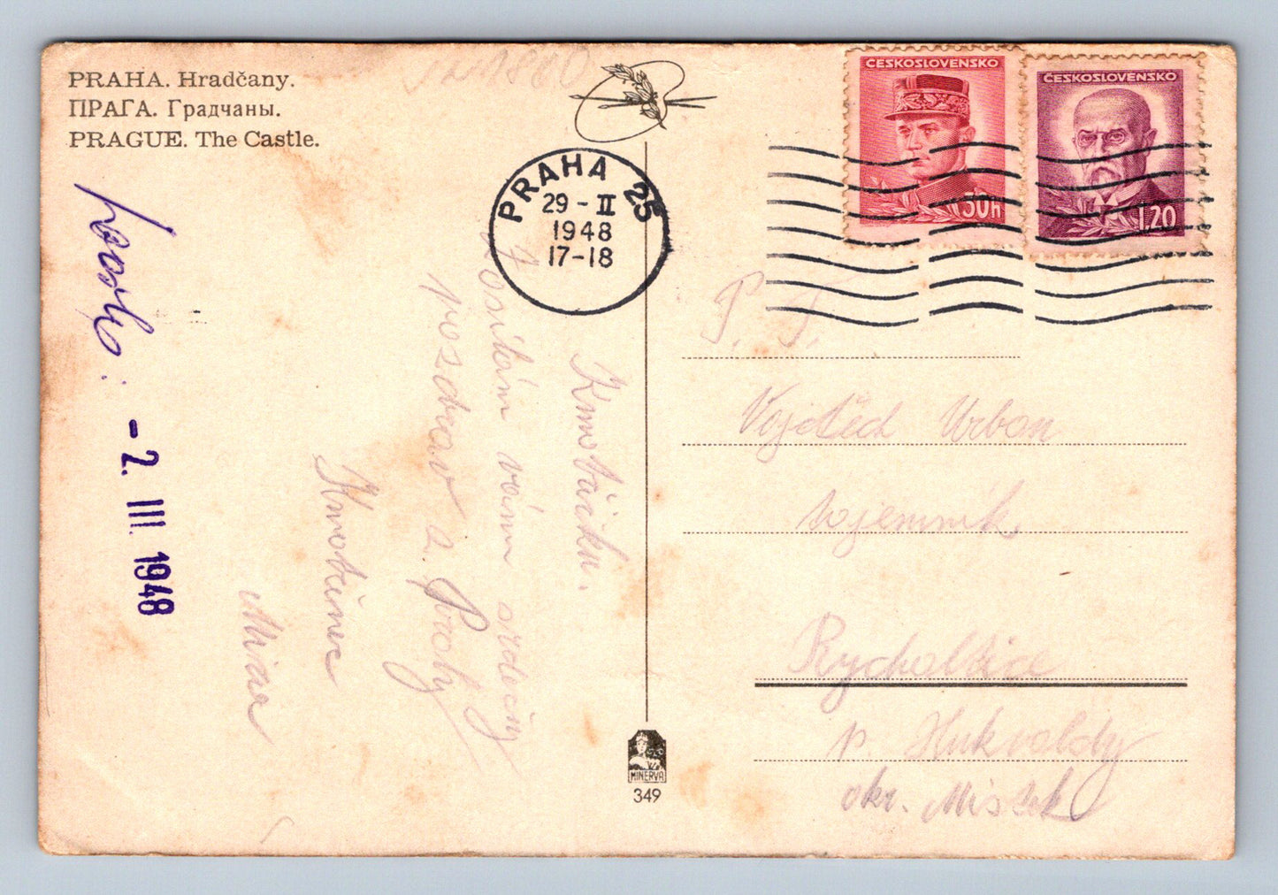 Postcard Prague Hradčany postmarked Prague 29-II (JN1800)