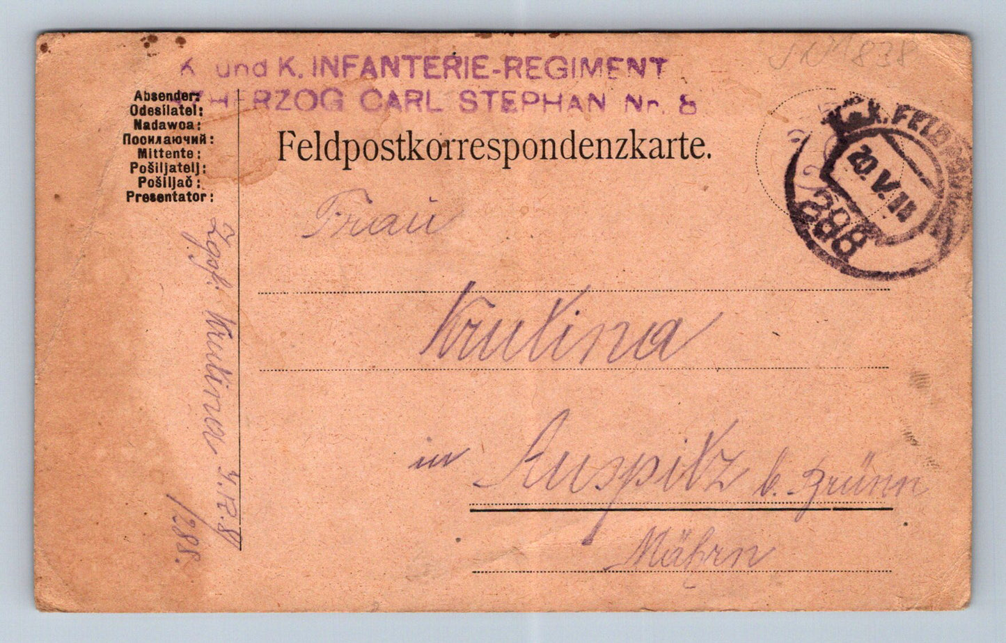 Pohlednice Psaný pohled fialové razítko Infanterie (JN1838)