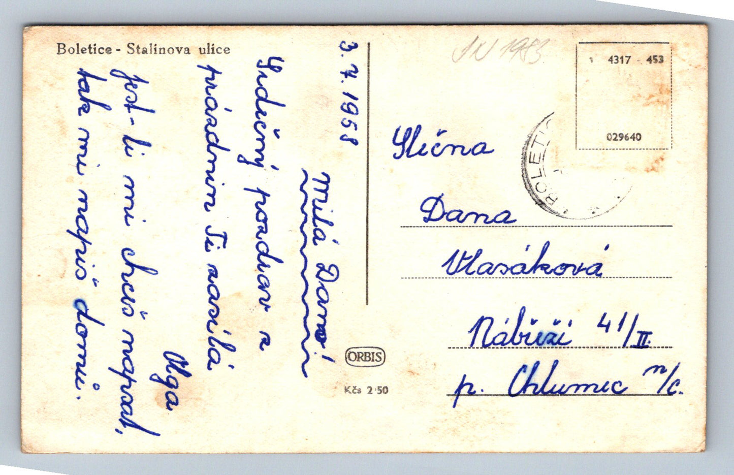 Pohlednice Boletice Stalinova ulice (JN1983)
