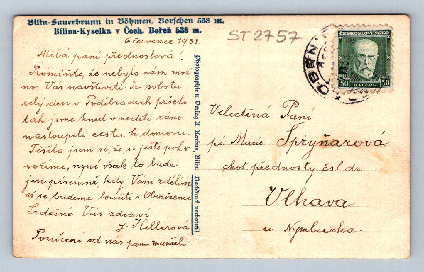 Postcard BÍLINA - KYSELKA IN BOHEMIA. BOŘEŇ (ST2757)