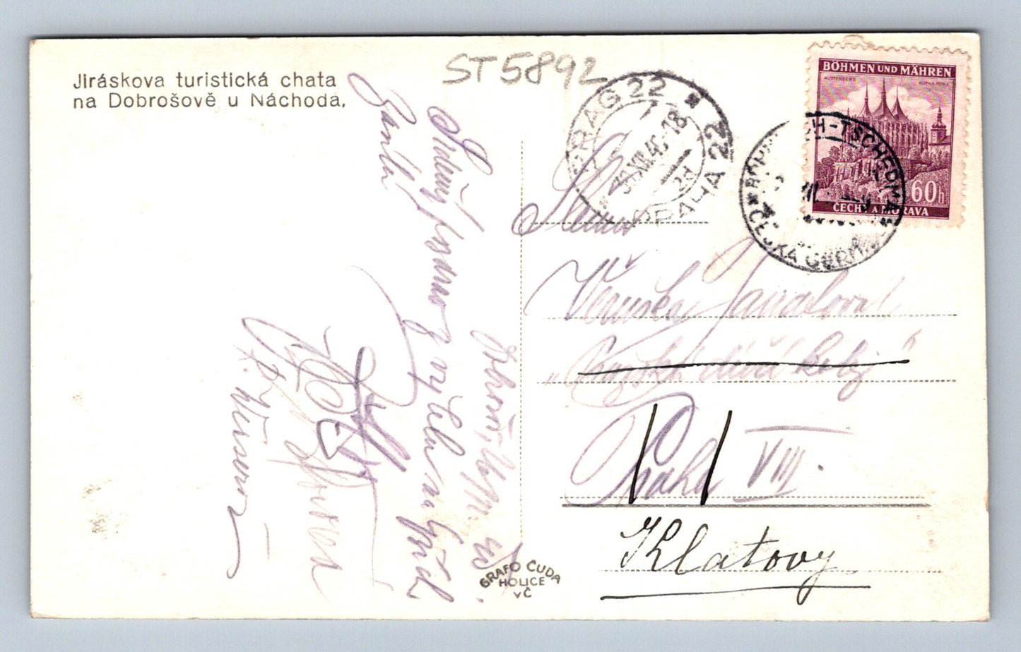 Postcard JIRÁSK'S TOURIST COTTAGE IN DOBROŠOV NEAR NÁCHOD (ST5892)