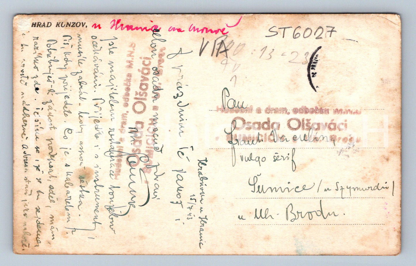 Postcard KUNZOV CASTLE - BORDER IN MORAVIA (ST6027)