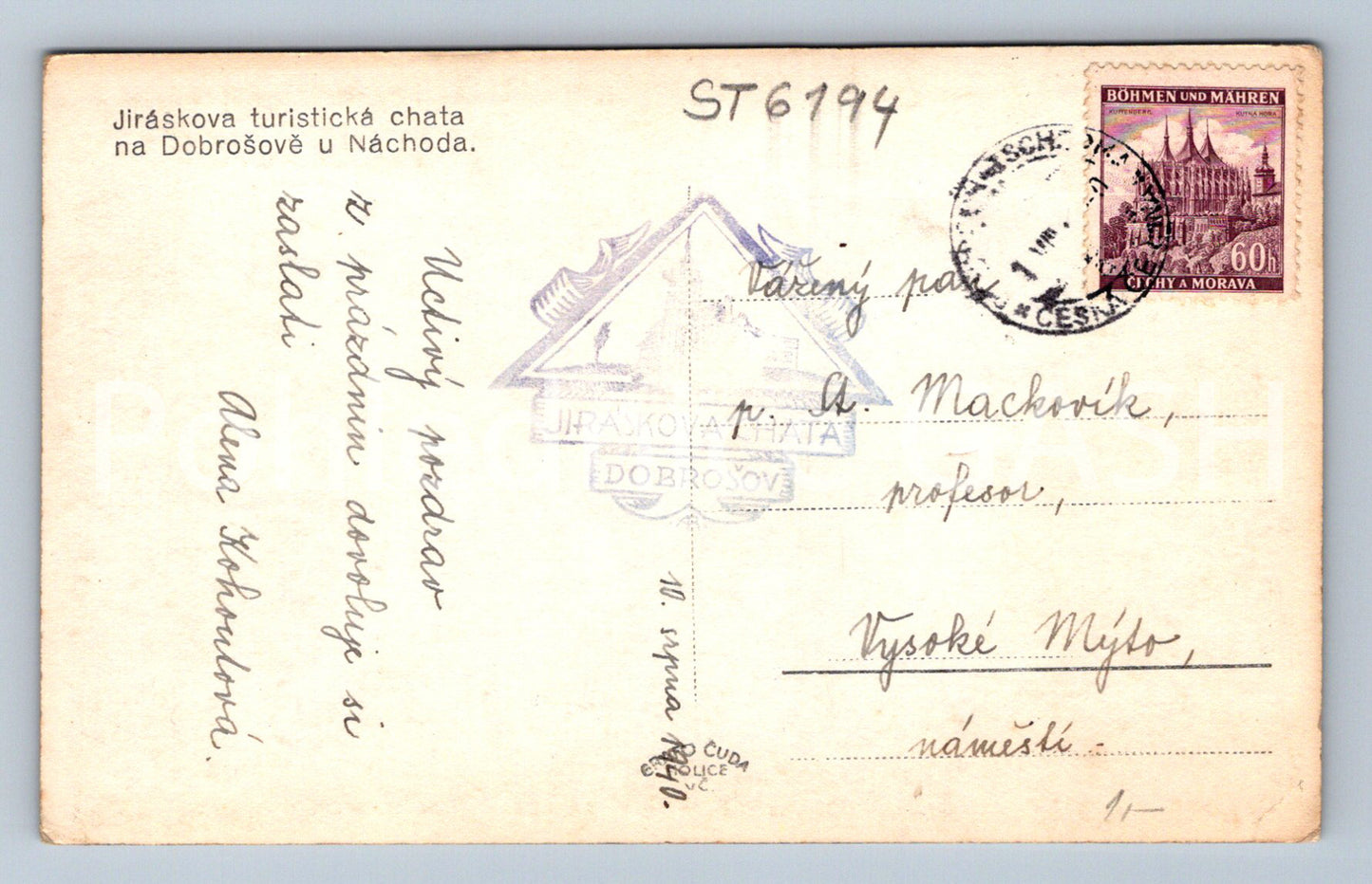 Postcard JIRÁSK'S TOURIST COTTAGE IN DOBROŠOV NEAR NÁCHOD (ST6194)