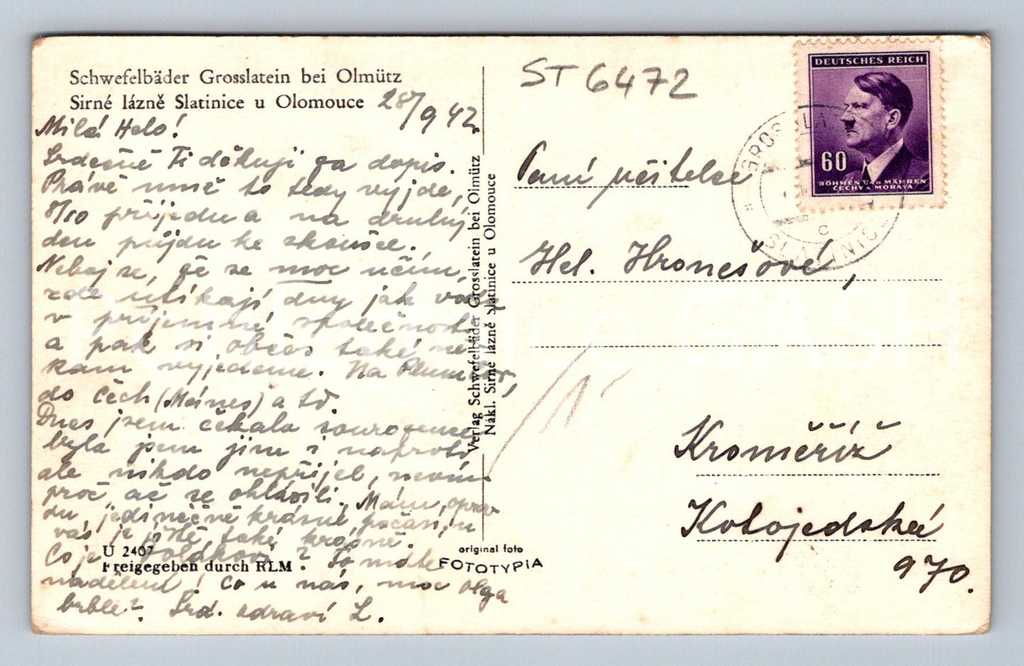 Postcard SULPHUR SPA SLATINICE NEAR OLOMOUC (ST6472)