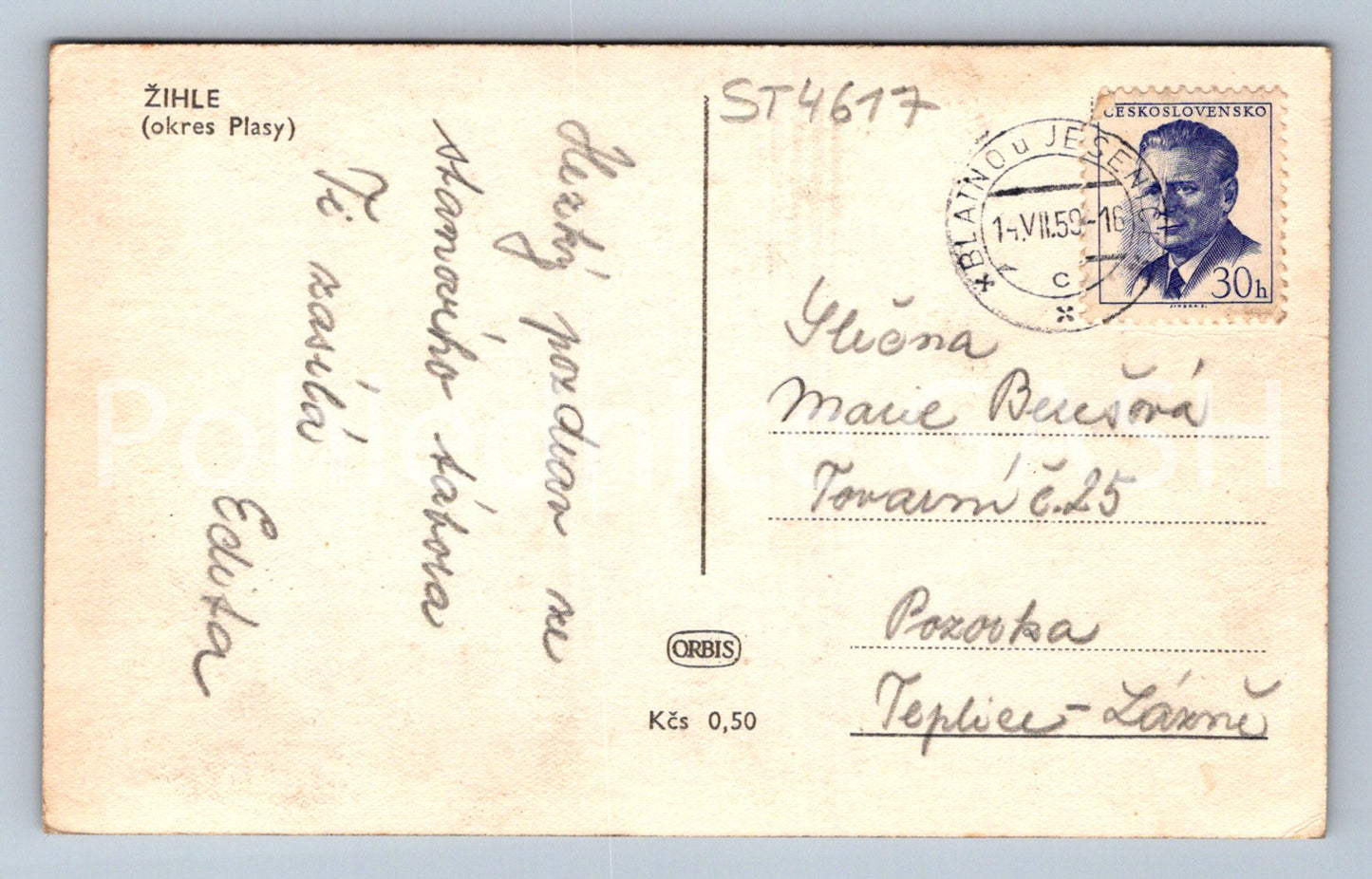 Postcard ŽIHLE - PLASY DISTRICT (ST4617)