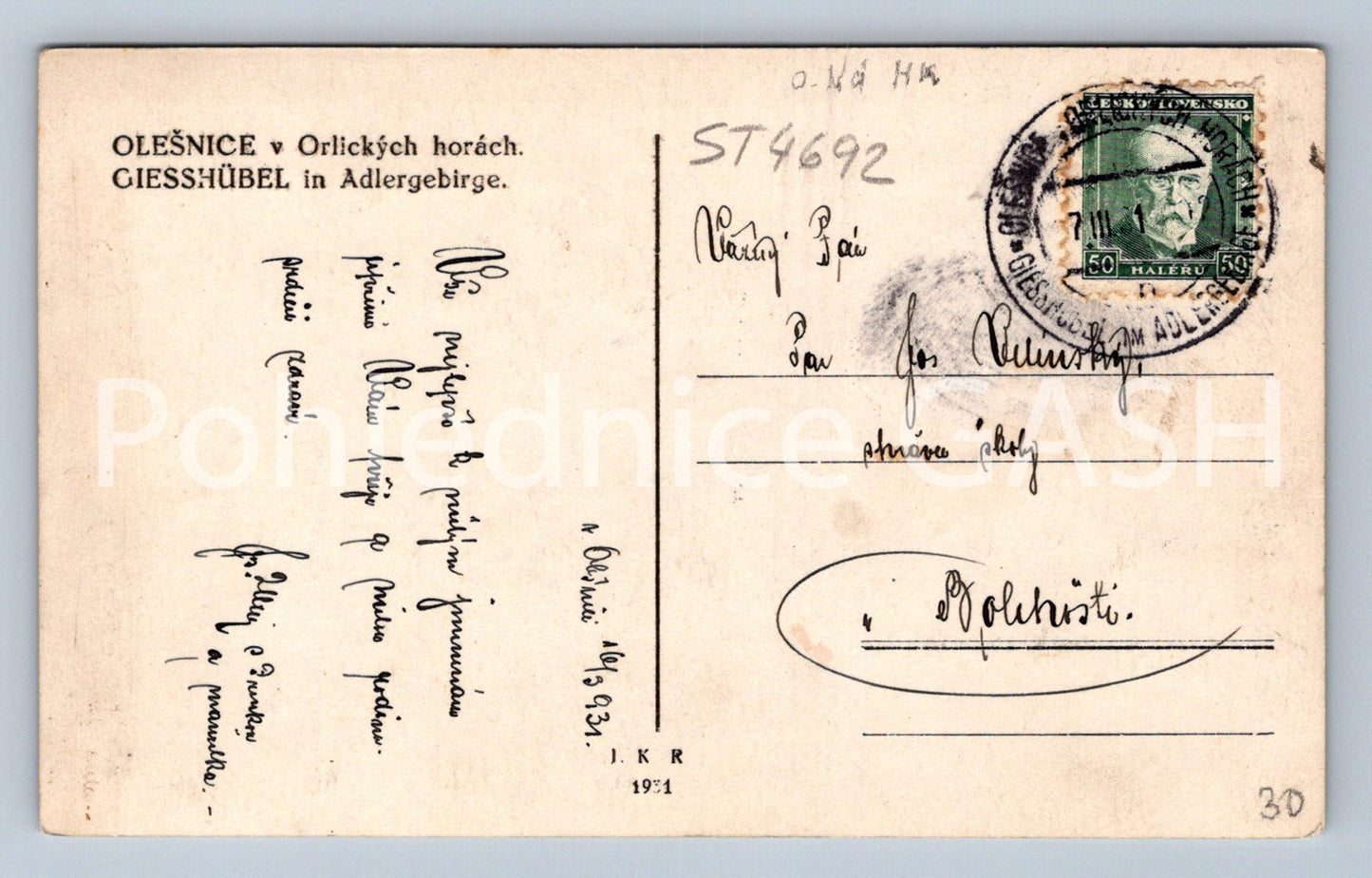 Postcard OLEŠNICE IN THE ORLICKÉ MOUNTAINS (ST4692)