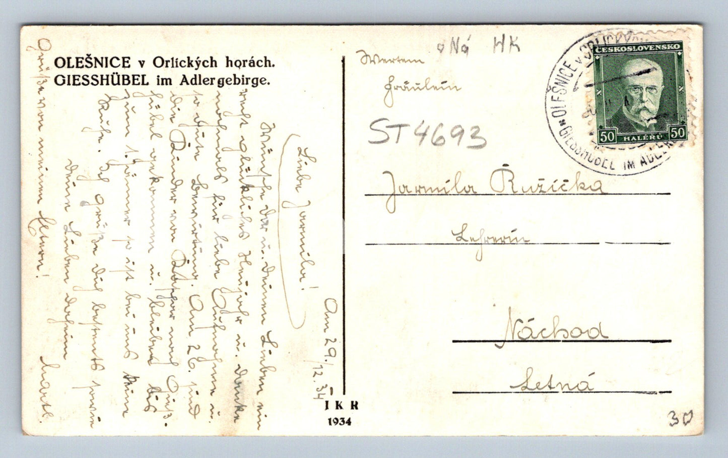 Postcard OLEŠNICE IN THE ORLICKÉ MOUNTAINS (ST4693)