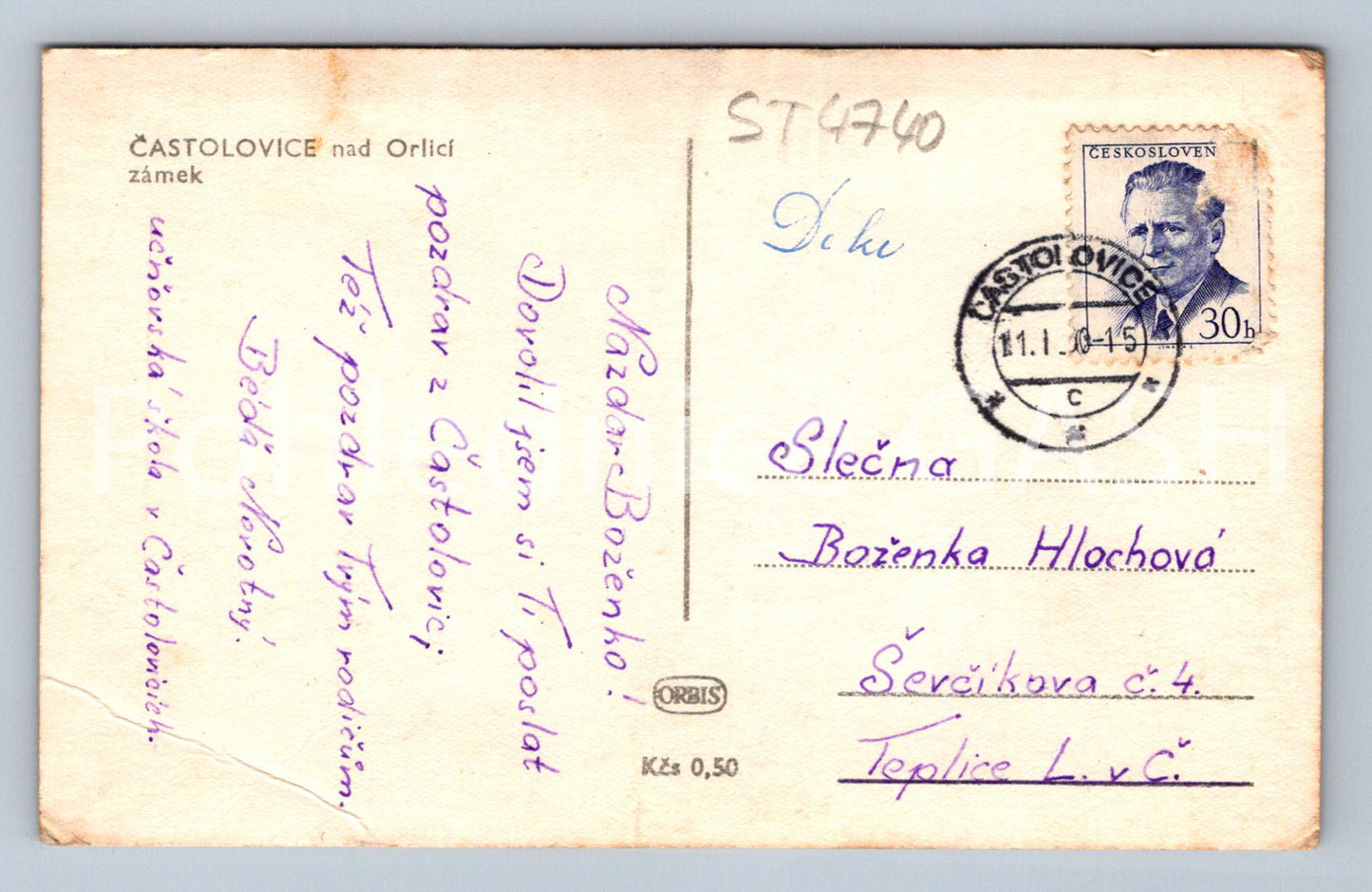 Postcard ČASTOLOVICE NAD ORLICÍ (ST4740)