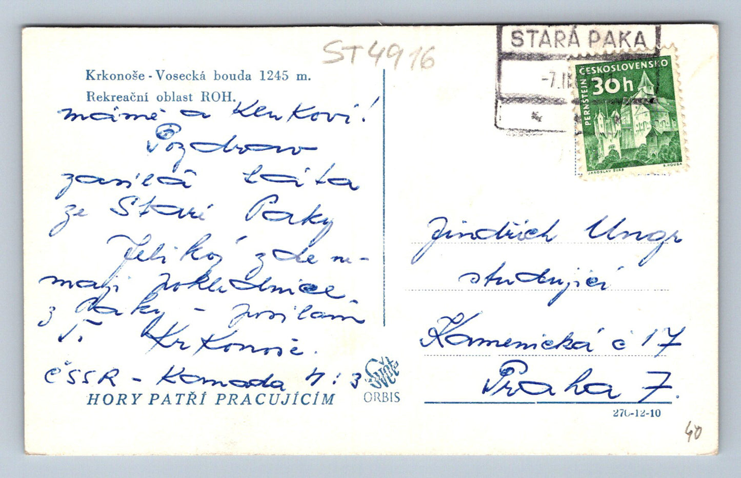 Postcard KRKONOSE - VOSECKÁ SHOUD (ST4916)