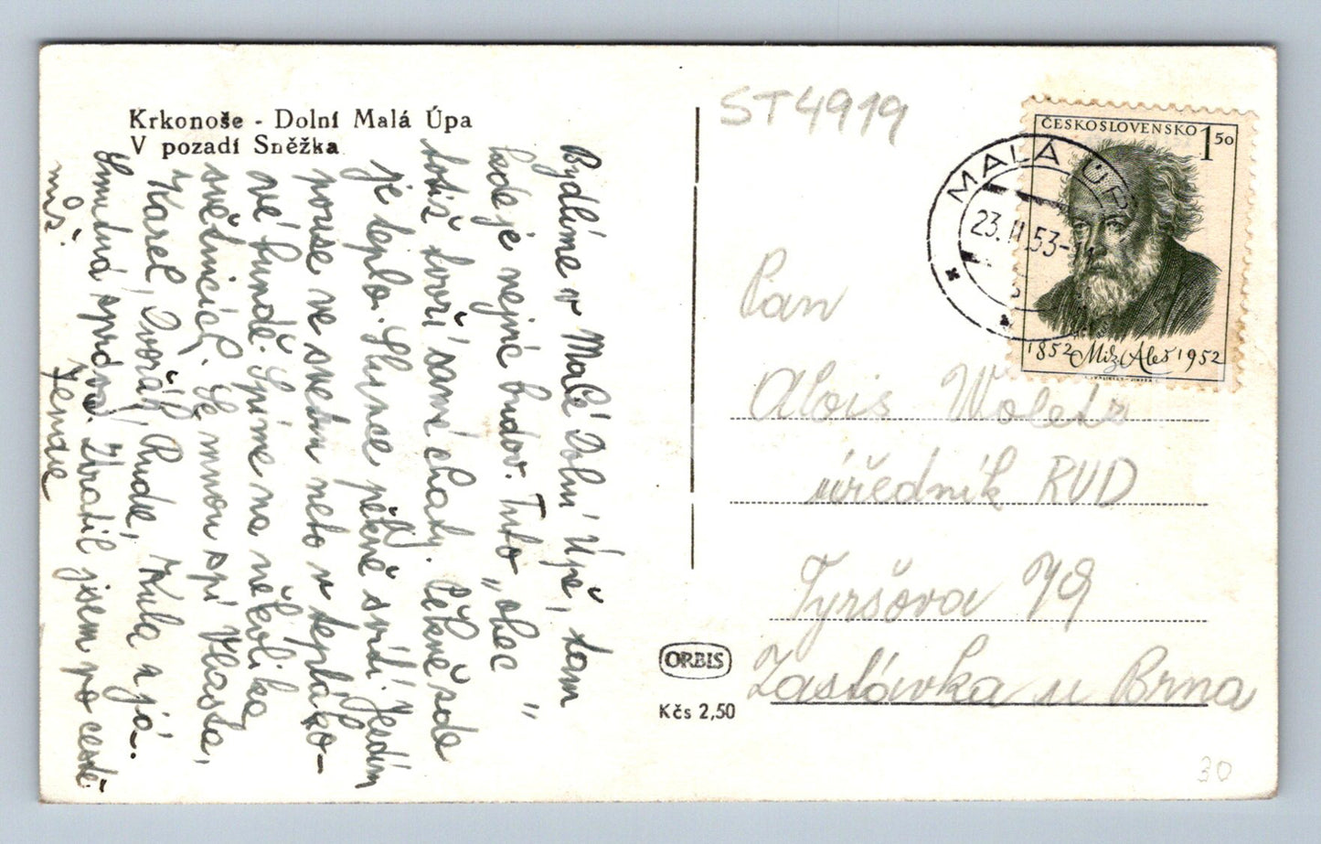 Postcard KRKONOSE - DOLNÍ MALA ÚPA IN THE BACKGROUND SNOW WHITE (ST4919)