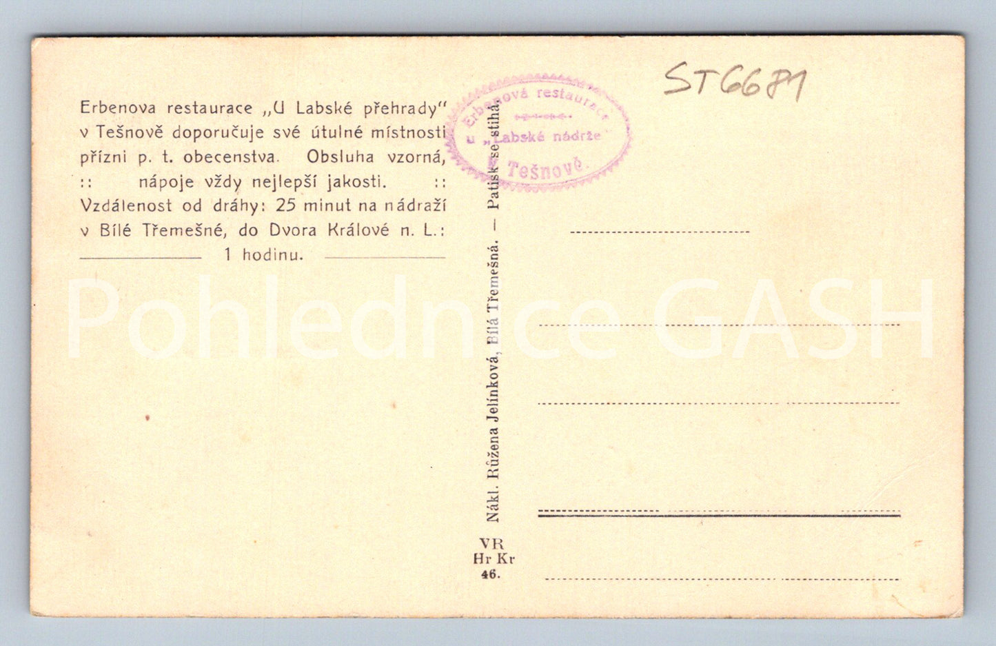 Postcard TĚŠNOV - ELBE RESERVOIR IN TĚŠNOV restaurant (ST6681)