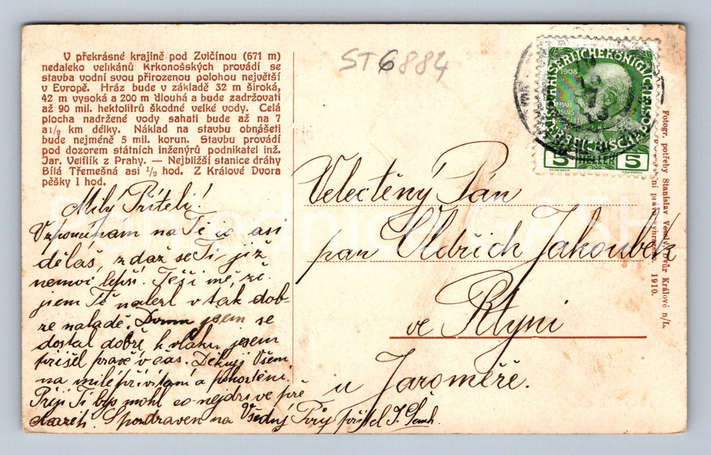 Postcard VALLEY DAM IN TĚŠNOV AT DVOR KRÁLOV NAD LABEM(ST6884)