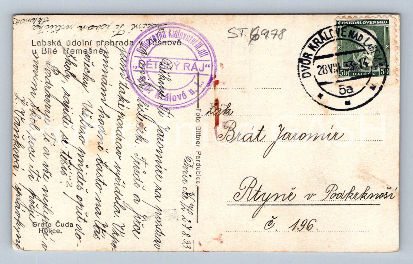 Postcard ELBE RESERVOIR IN TĚŠNOV (ST6978)