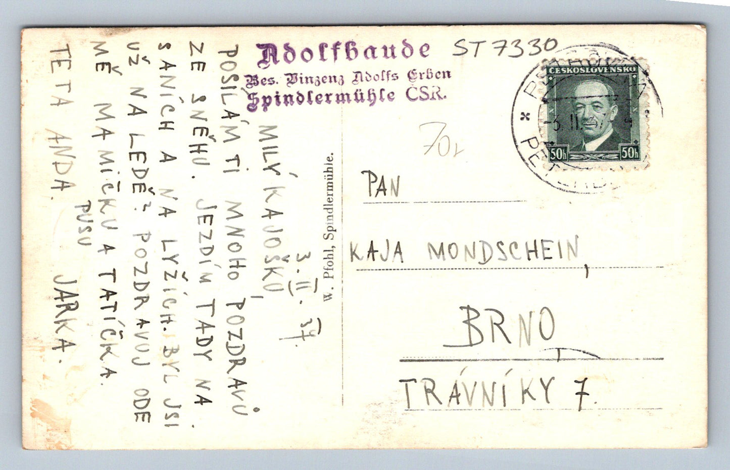 Pohlednice ŠPINDLERŮV MLÝN - ADOLFOVA BOUDA (ST7330)