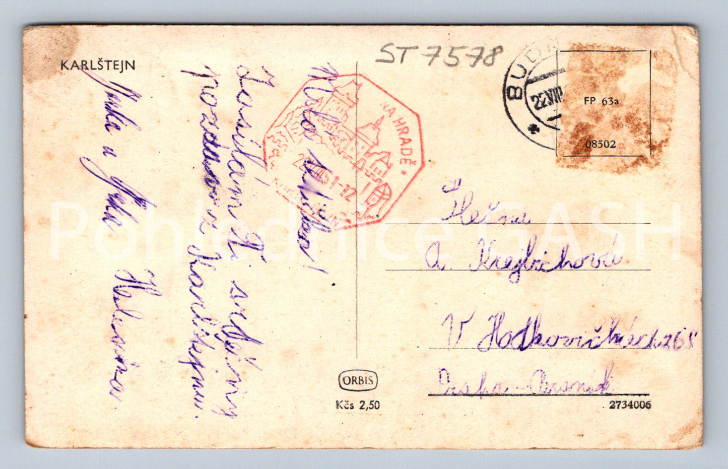 Postcard KARLŠTEJN CASTLE (ST7578)