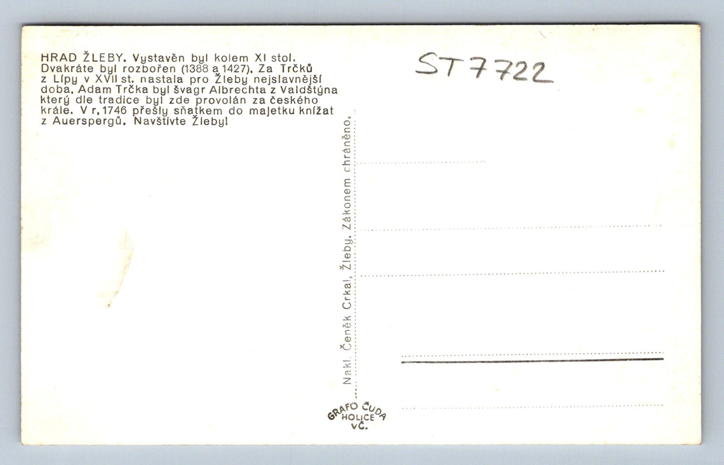 Postcard ŽLEBY CASTLE (ST7722)