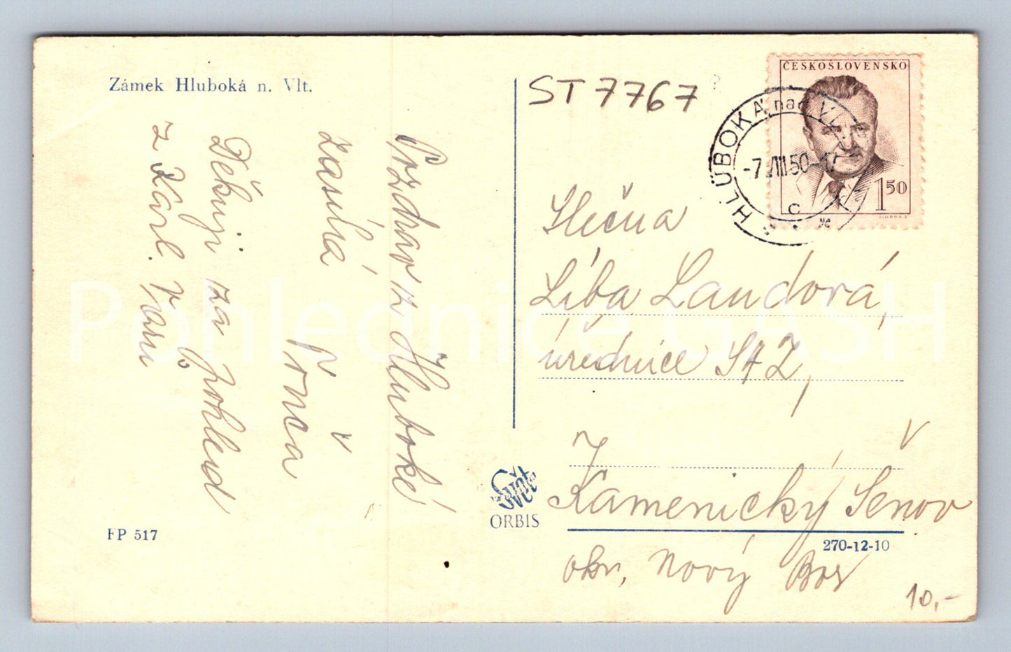 Postcard HLUBOKA NAD VLTAVOU CASTLE (ST7767)