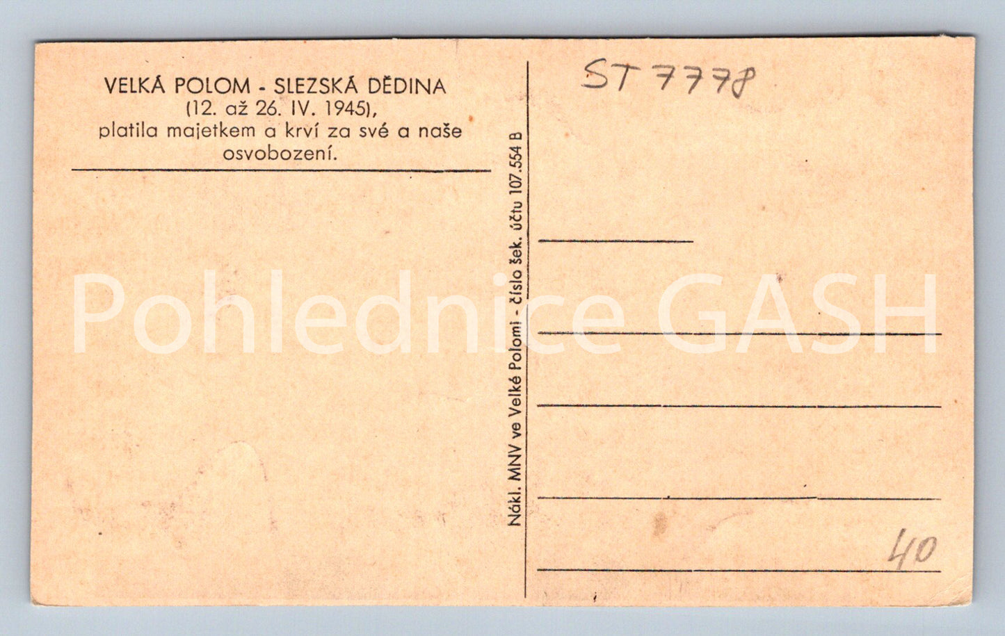 Postcard VELKÉ POLOM - SILESIAN VILLAGE (ST7778)