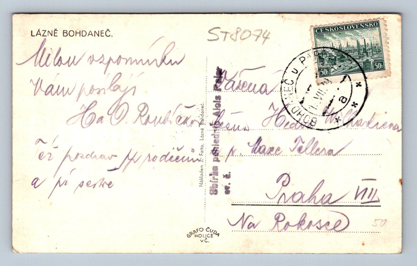 Postcard LÁZNĚ BOHDALEČ (ST8074)