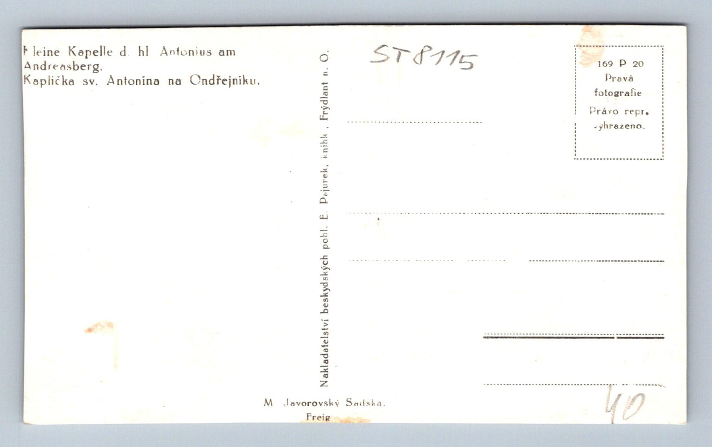 Postcard CHAPEL OF ST. ANTONIN ON ONDŘEJNÍK (ST8115)