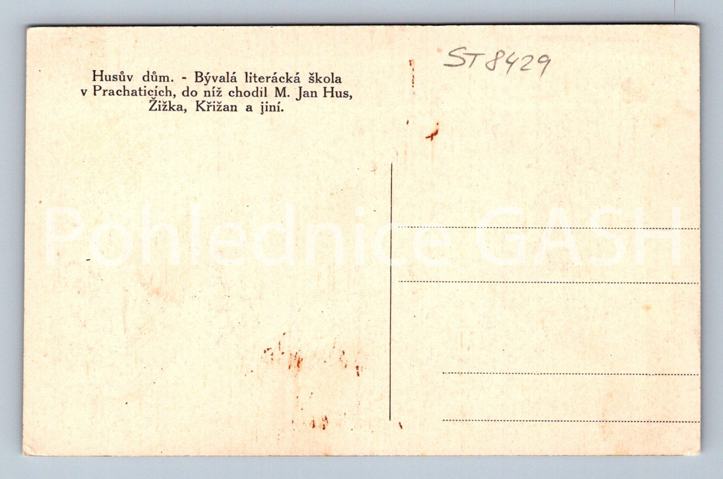 Pohlednice HUSŮV DŮM - BÝVALÁ LITERÁRNÍ ŠKOLA V PRACHATICÍCH (ST8429)