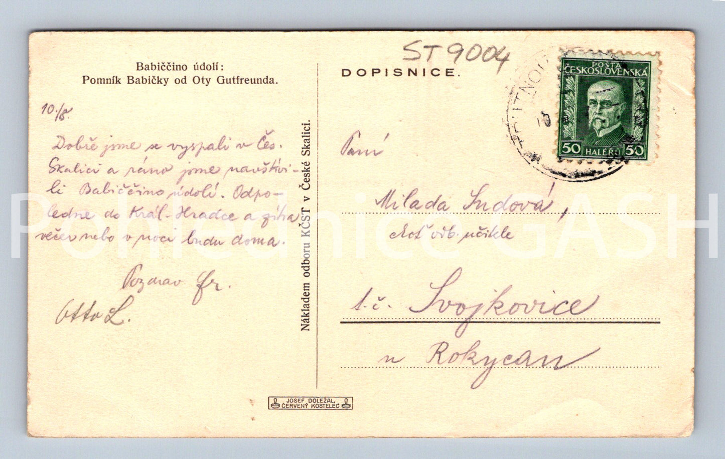 Pohlednice BABIČČINO ÚDOLÍ - POMNÍK BABIČKY (ST9004)