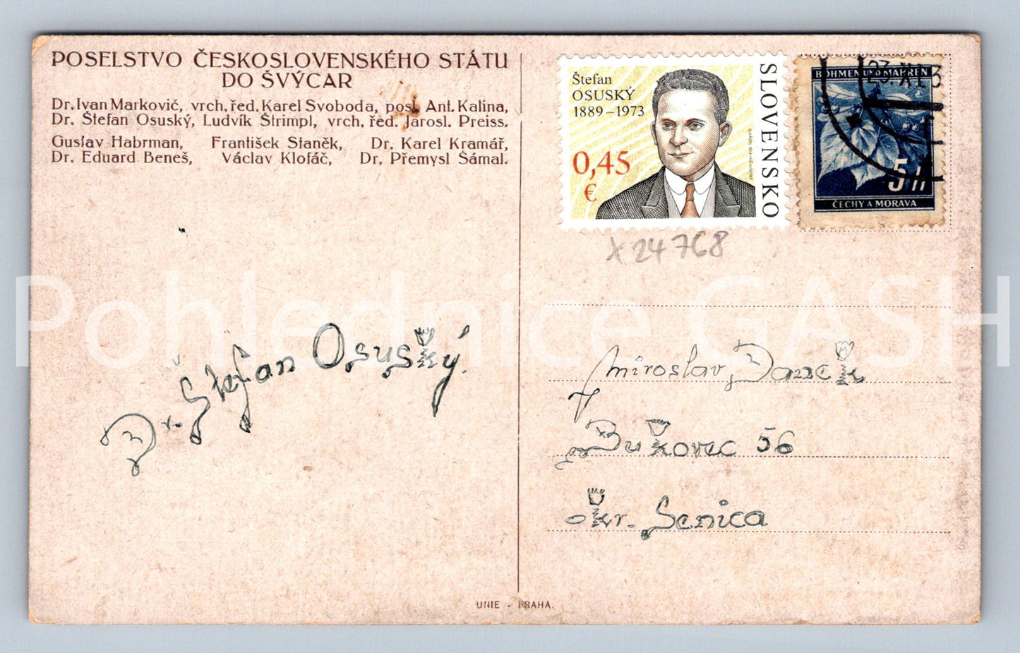 Pohlednice POSELSTVO ČESKOSLOVENSKÉHO STÁTU DO ŠVÝCAR (X24768)