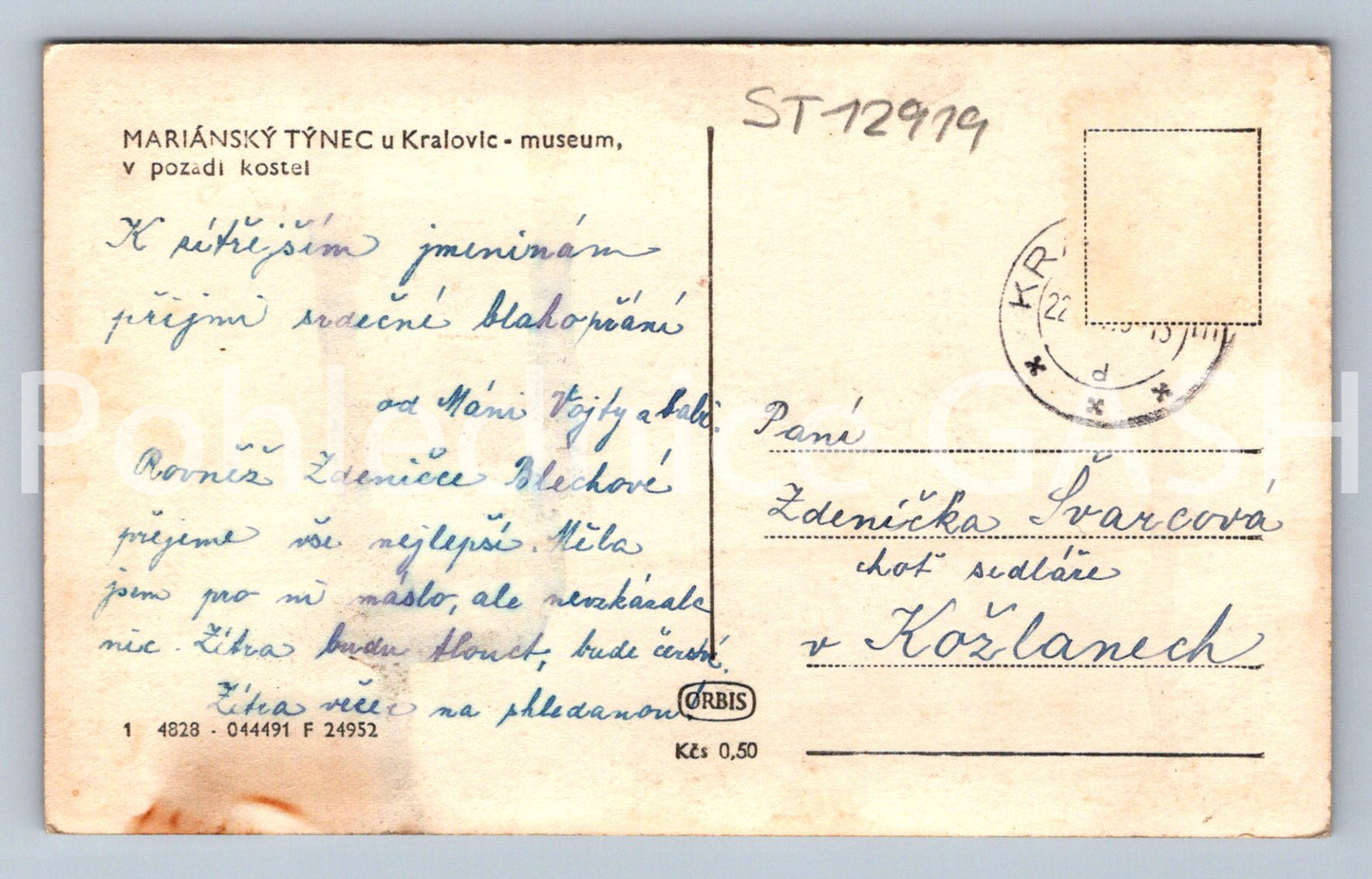 Postcard MARIÁNSKÝ TÝNEC U KRALOVICE (ST12919)