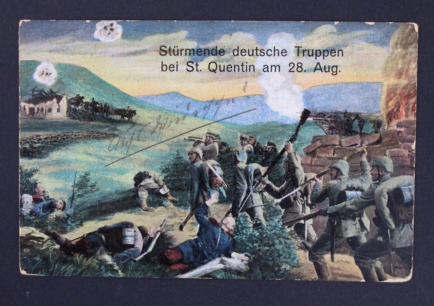 Pohlednice Feldpost Strümende deutsche Truppen bei St. Quentin
