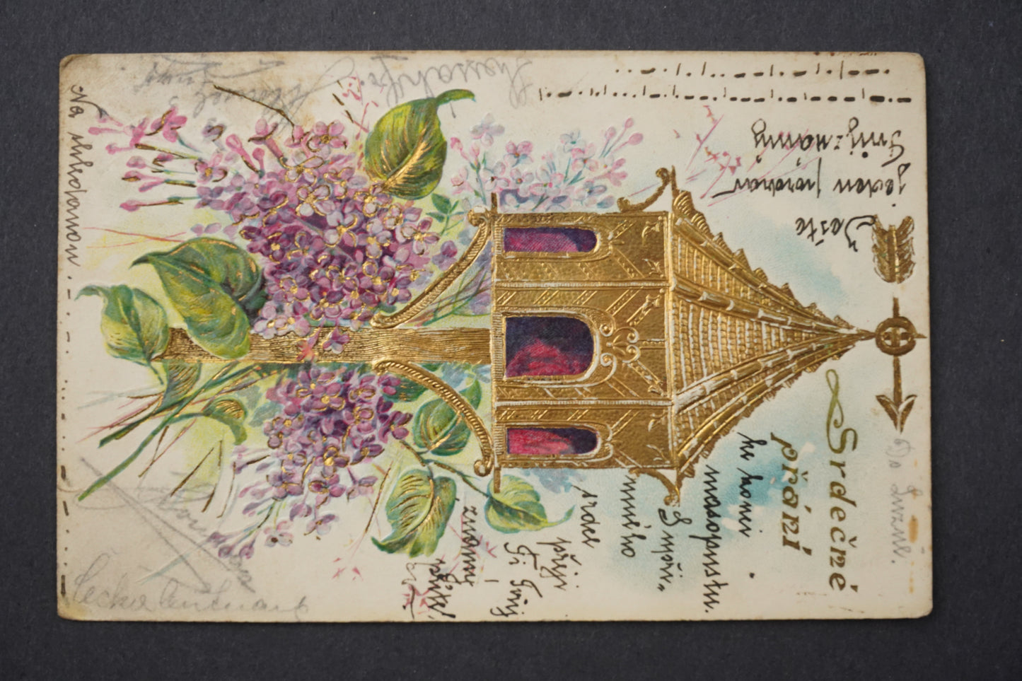 Pohlednice SRDEČNÉ PŘÁNÍ ZLACENÁ HOLUBÍ DŮM TLAČENÁ x9027