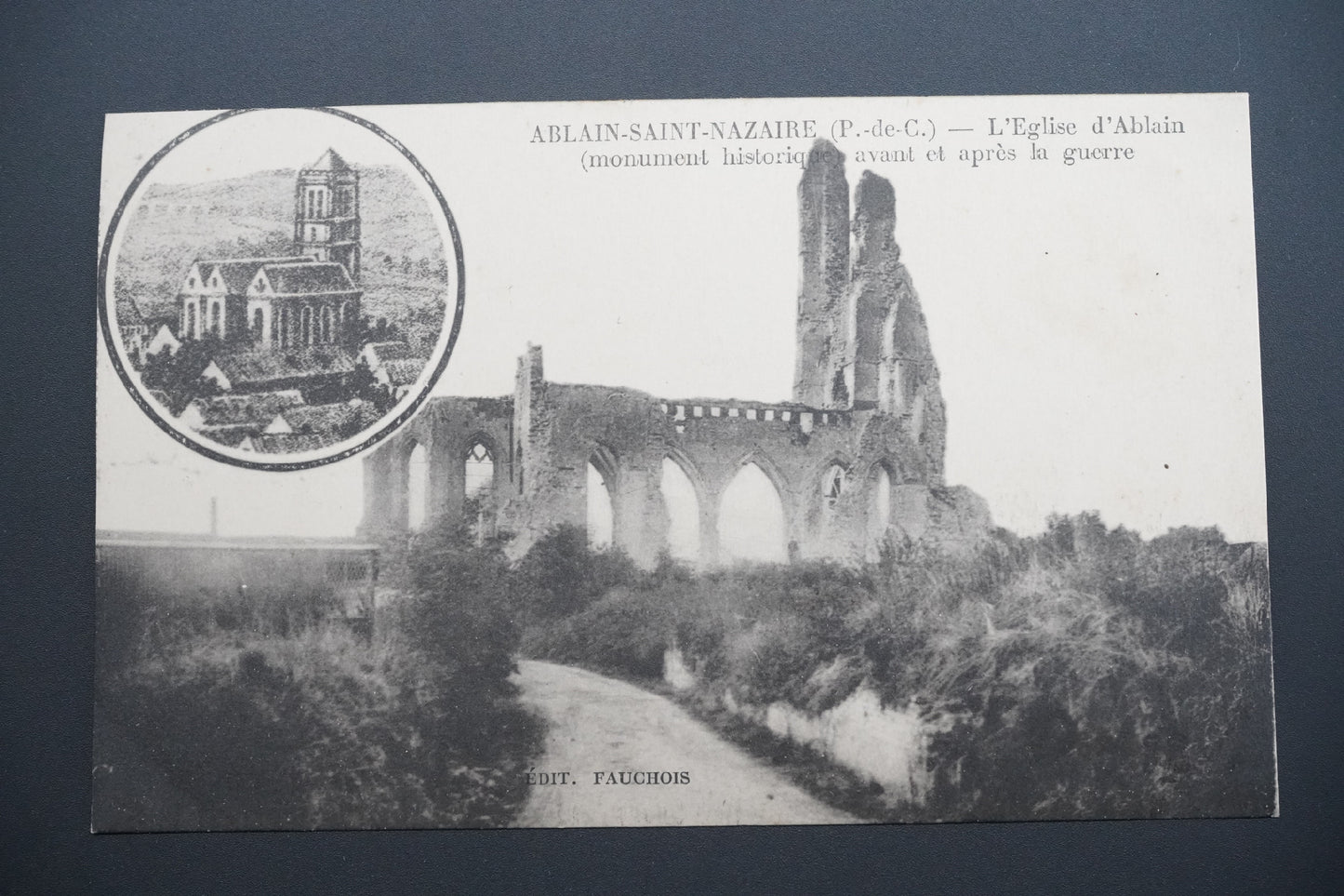 Pohlednice Ablain-St-Nazaire – kostel před/po válce (x9694)