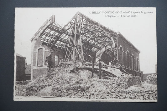 Pohlednice Billy-Montigny – kostel po válce (x9730)