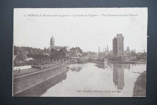 Pohlednice Merville – kanál a kostel před válkou (x9747)