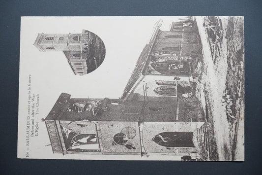 Pohlednice Sallaumines – kostel před a po válce (x9814)