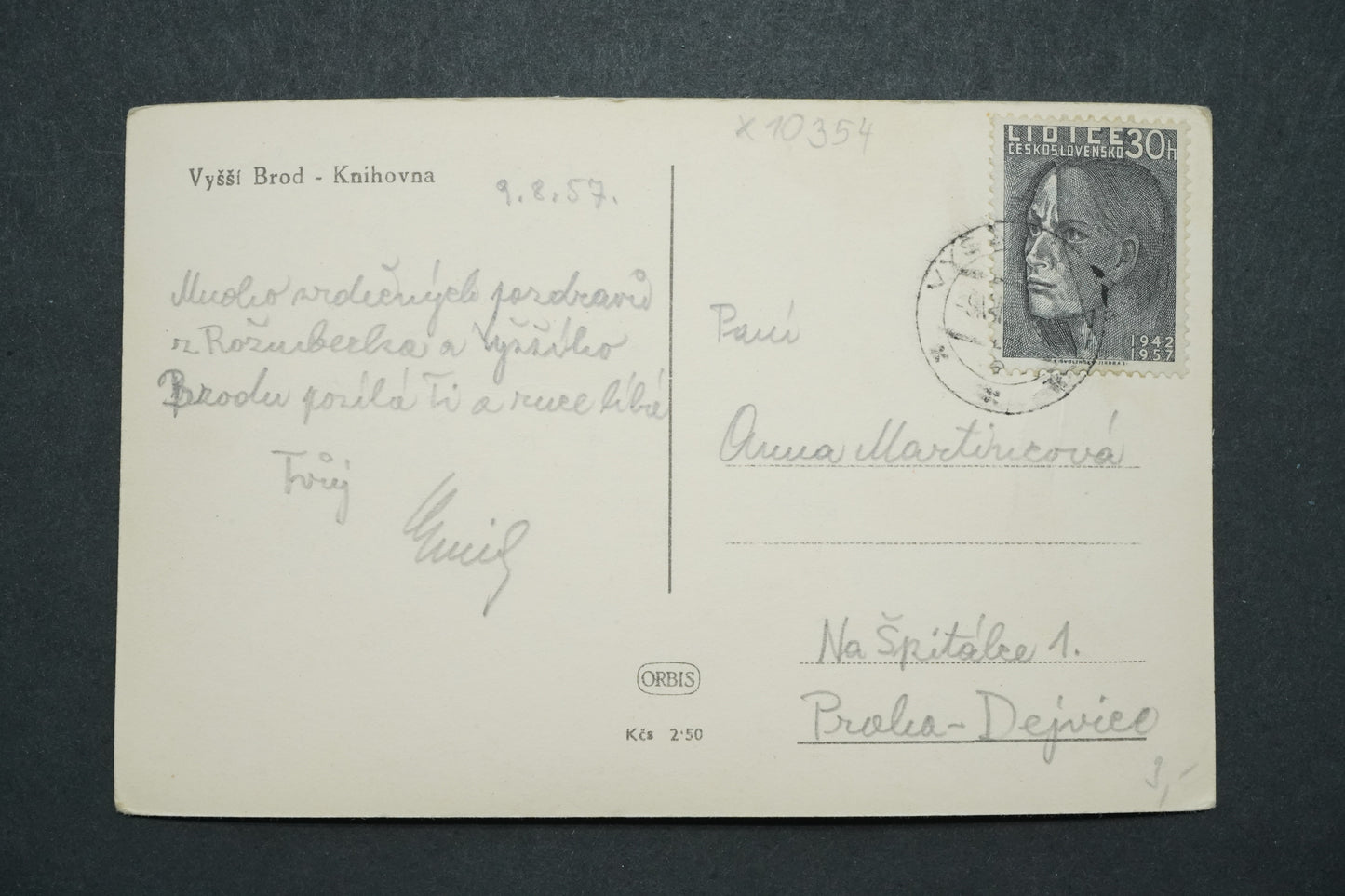 Postcard Vyšší Brod library x10354