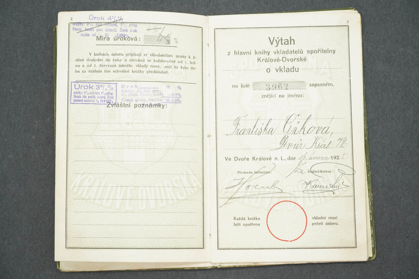 VKLADNÍ KNÍŽKA SPOŘITELNY KRÁLOVÉDVORSKÉ (x14914)