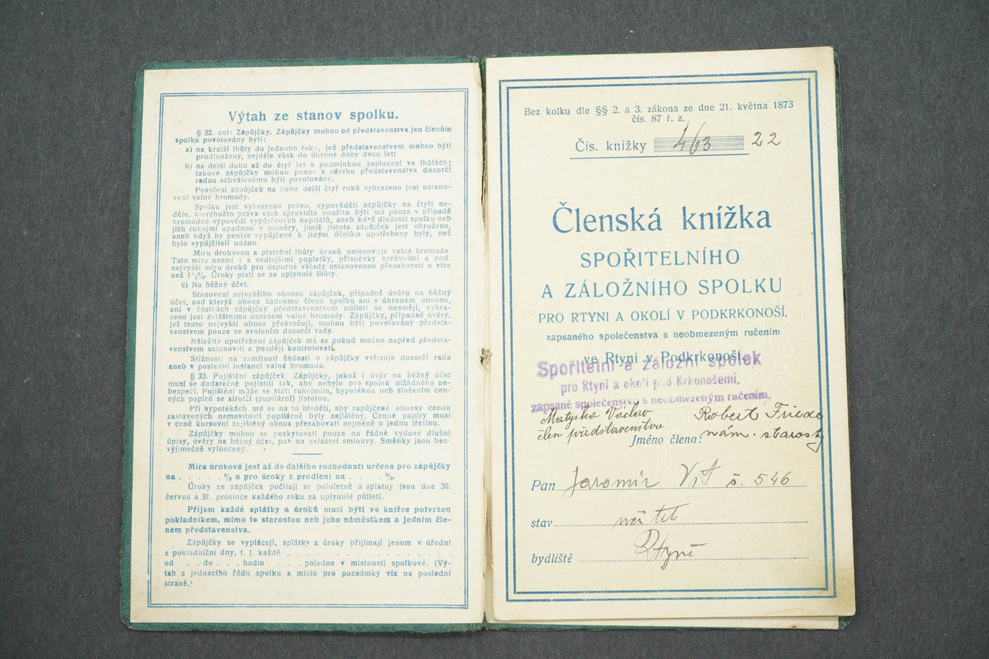 Členská knížka Spořitelního a záložního spolku ve Rtyni (x14935)