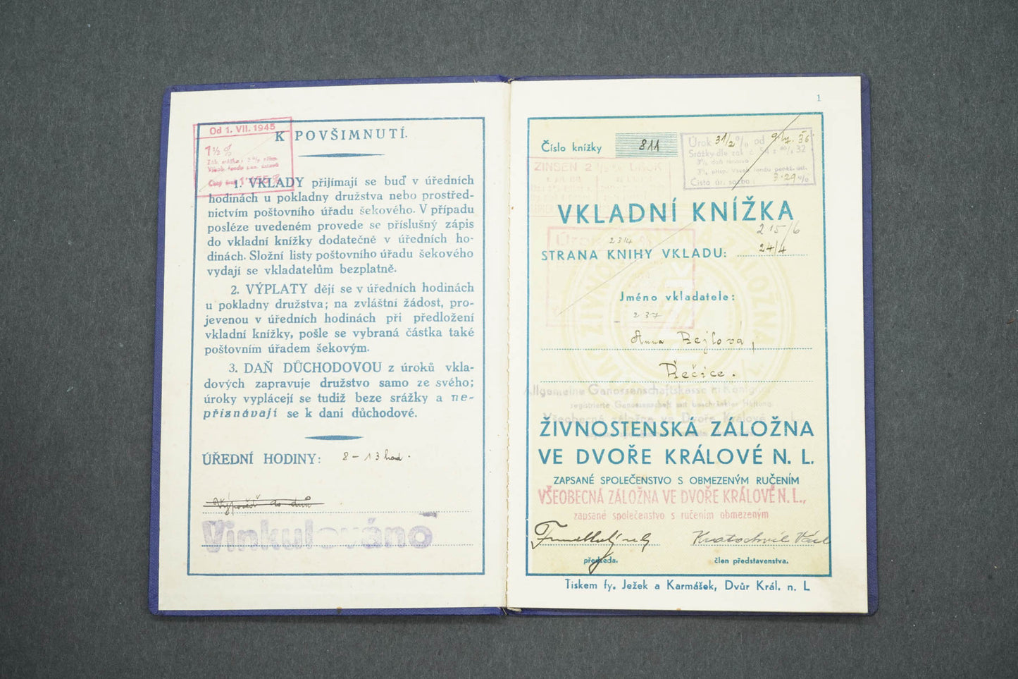VKLADNÍ KNÍŽKA ŽIVNOSTENSKÁ ZÁLOŽNA VE DVOŘE KRÁLOVÉ N.L. (x14991)