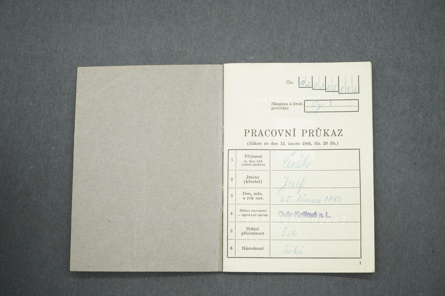 PRACOVNÍ PRŮKAZ ČESKOSLOVENSKÁ REPUBLIKA (x15021)
