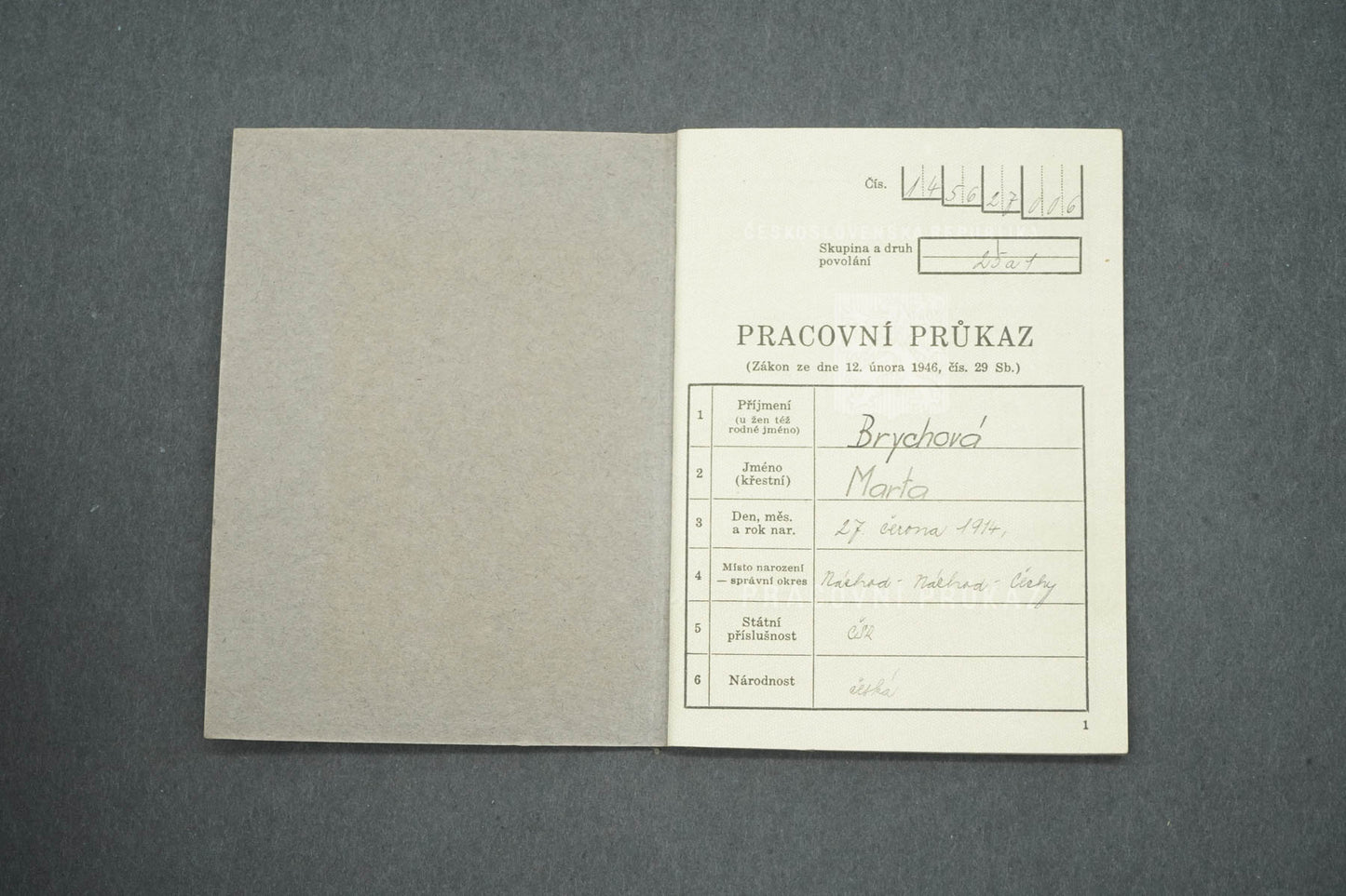 PRACOVNÍ PRŮKAZ ČESKOSLOVENSKÁ REPUBLIKA (x15022)