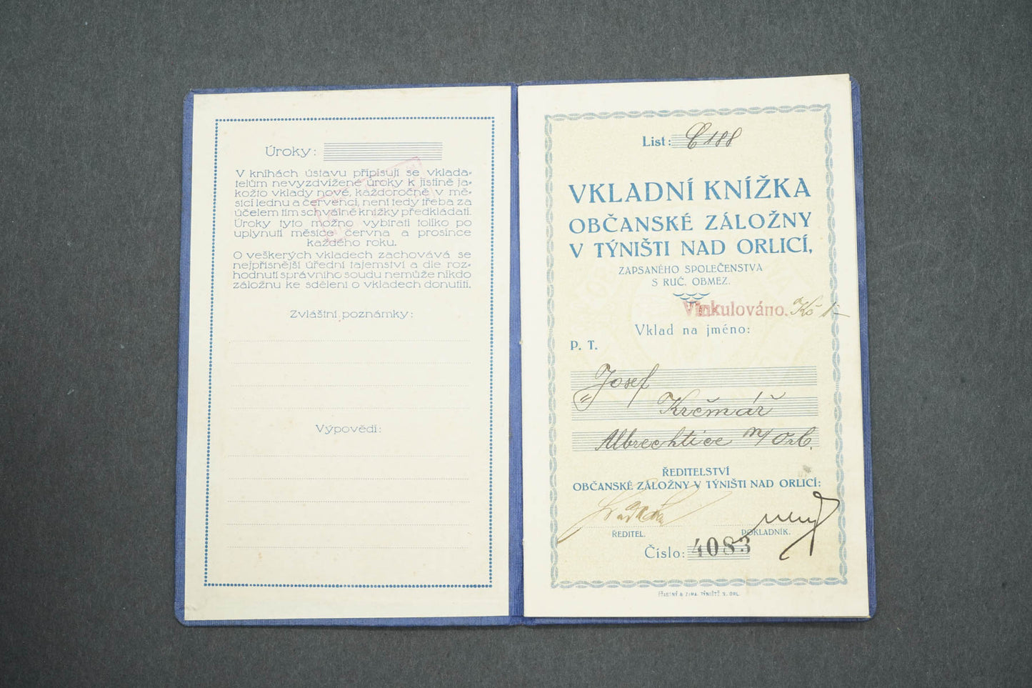 VKLADNÍ KNÍŽKA OBČANSKÉ ZÁLOŽNY V TÝNIŠTI NAD ORLICÍ (x15035)