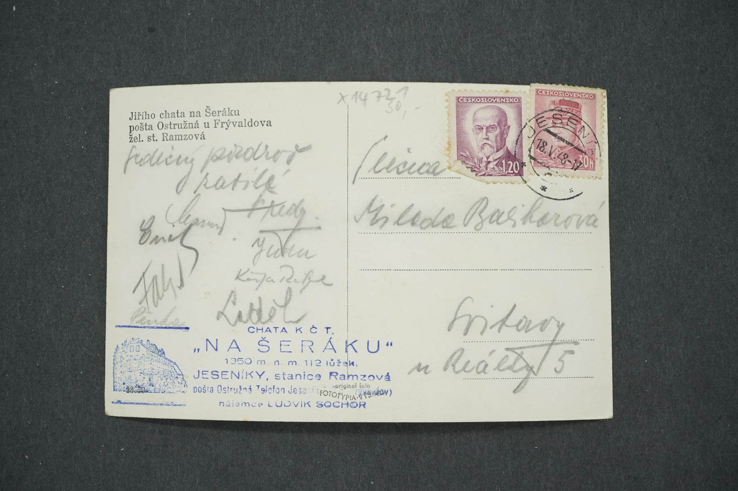 Pohlednice JIŘÍHO CHATA NA ŠERÁKU POŠTA OSTRUŽNÁ U FRÝVALDOVA (x14721)