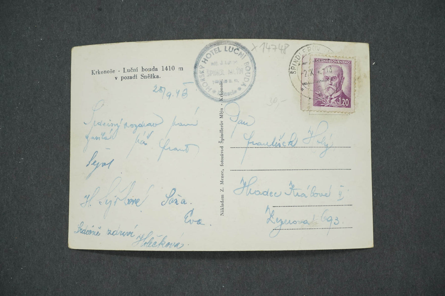 Pohlednice KRKONOŠE LUČNÍ BOUDA V POZADÍ SNĚŽKA (x14748)