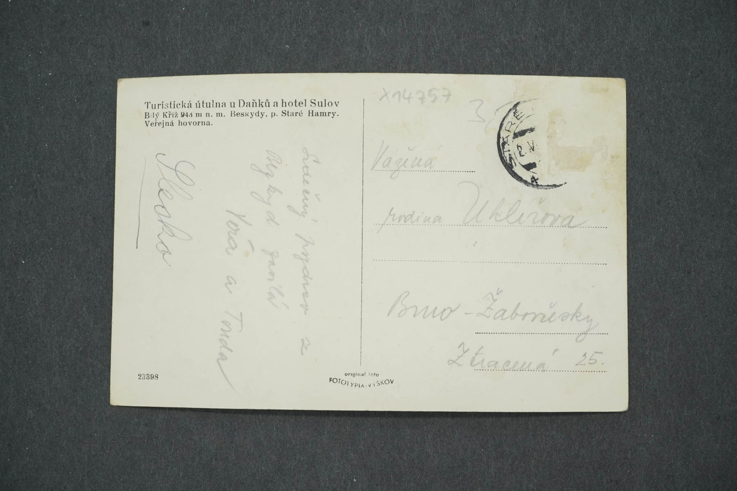 Pohlednice TURISTICKÁ ÚTULNA U DAŇKŮ A HOTEL SULOV BÍLÝ KŘÍŽ (x14757)