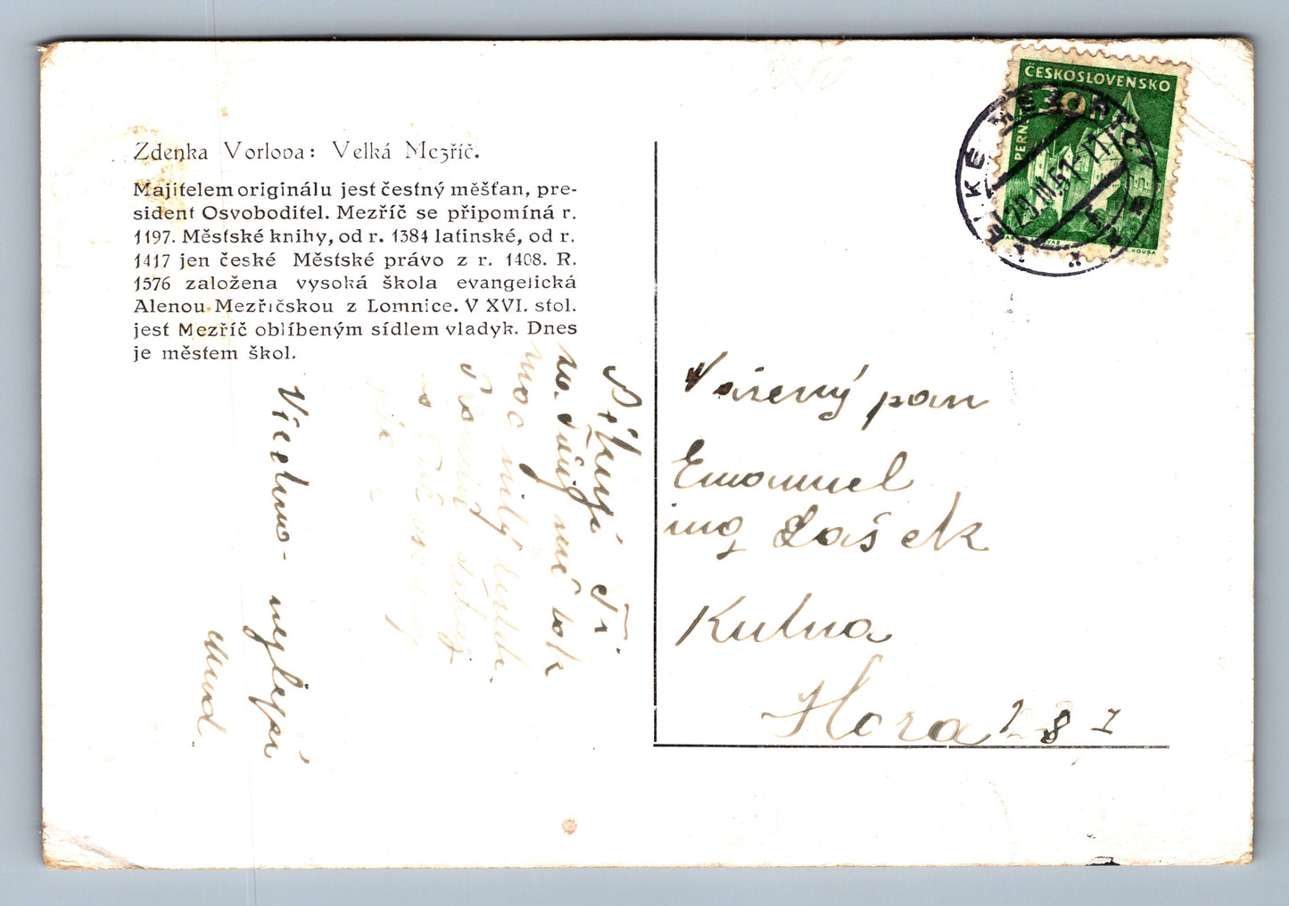Pohlednice Zdenka Vorlova: Velká Mezříc (JN1050)