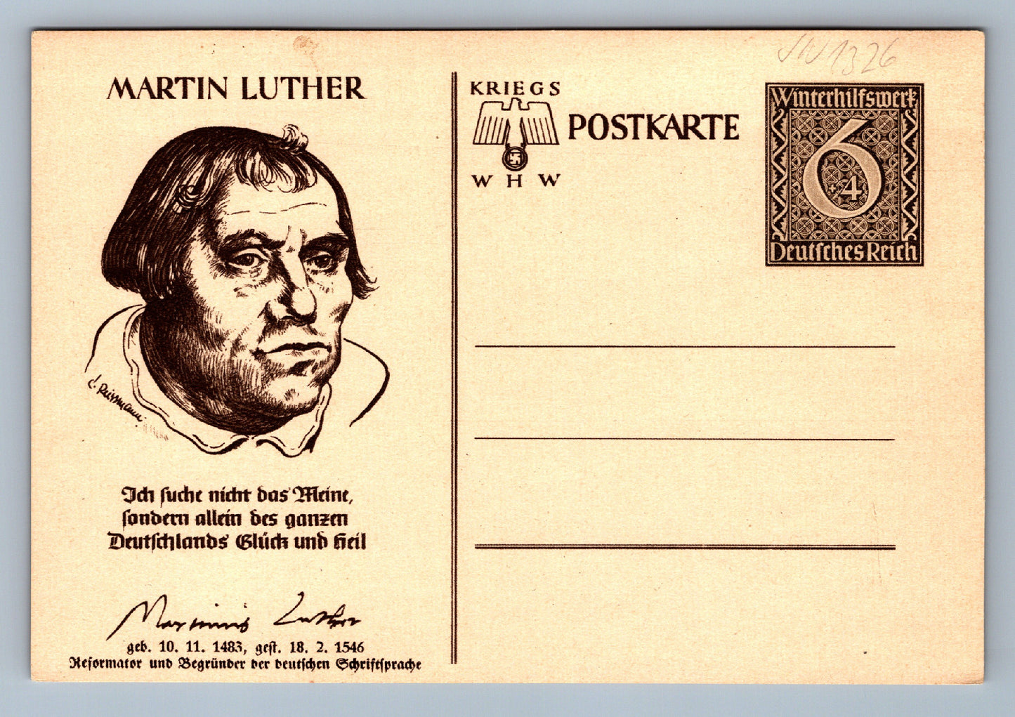 Pohlednice Martin Luther TŘETÍ ŘÍŠE WINTER HILFE WHW (JN1326)