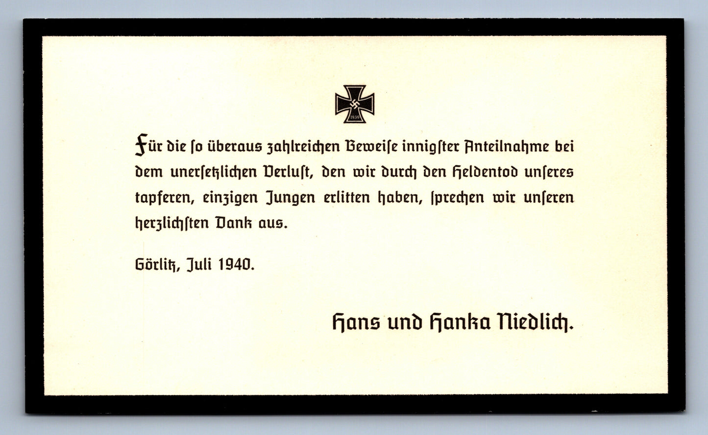 Pohlednice ÚMRTRNÍ OZNÁMENÍ - SOUSTRAST Hans und Hanka Niedlich 3 ŘÍŠE