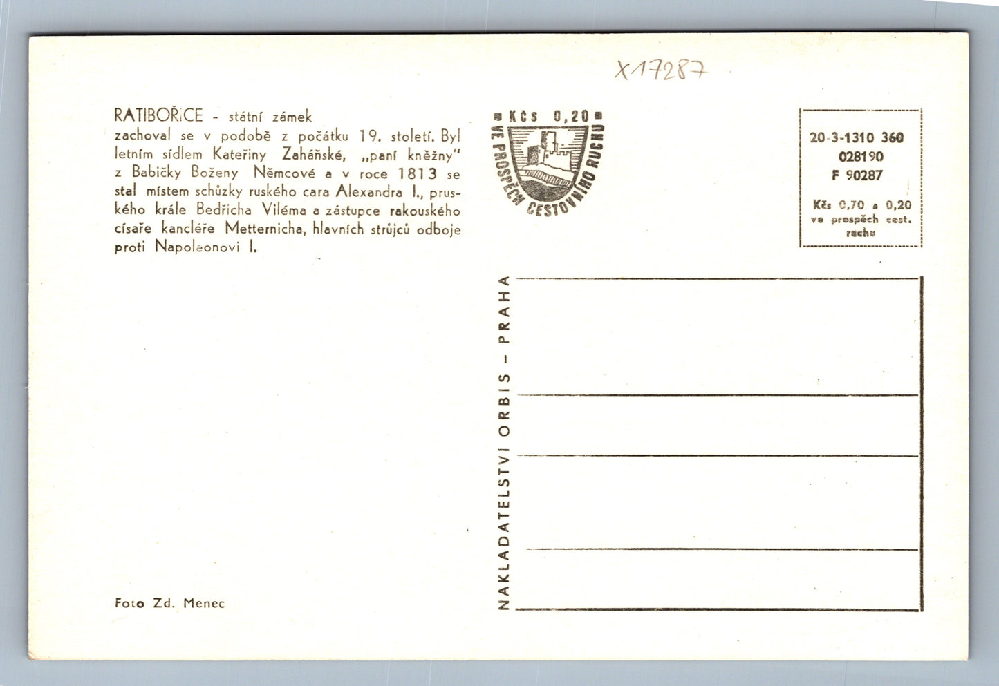 Pohlednice STÁTNÍ ZÁMEK RATIBOŘICE (x17287)