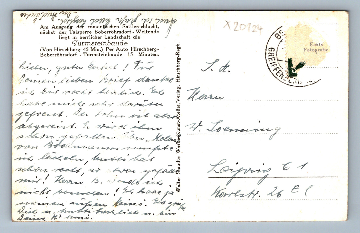 Postcard TURMSTEINBAUDE BEI HIRSCHBERG I. RSGB. (x20124)