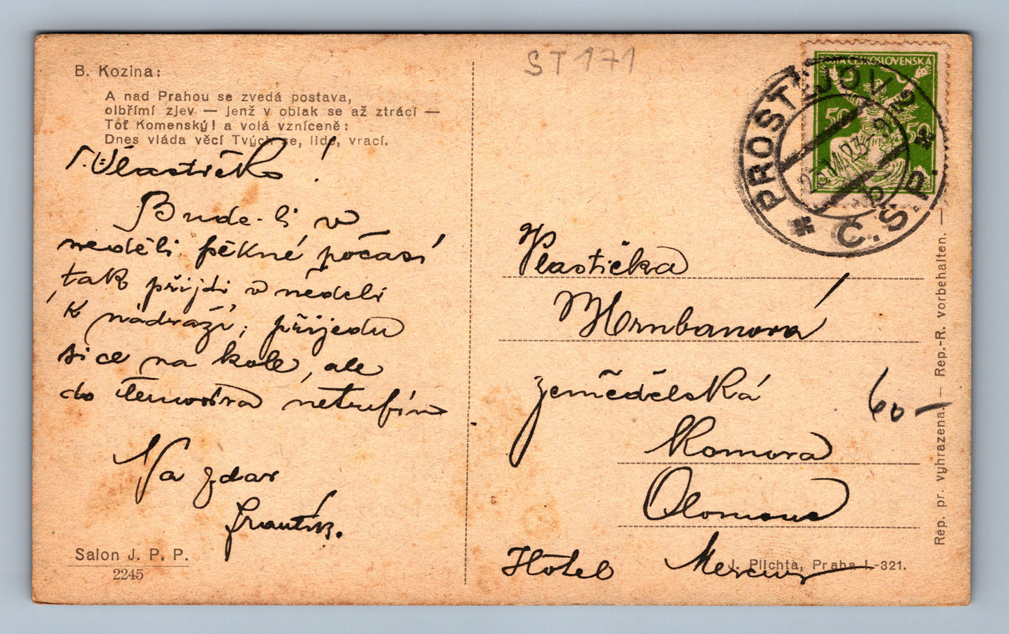 Pohlednice B KOZINA PRAHA (ST171)